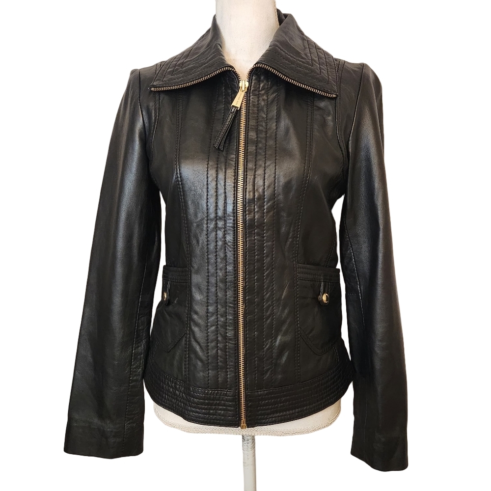 Michael Kors Missy Leather Full Zip Jacket Black Wing Collar Size S